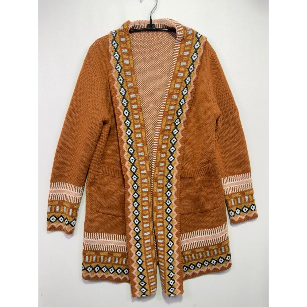 Women's L Long Cardigan Sweater Rust Orange Fair Isle Boho Open Front Pockets